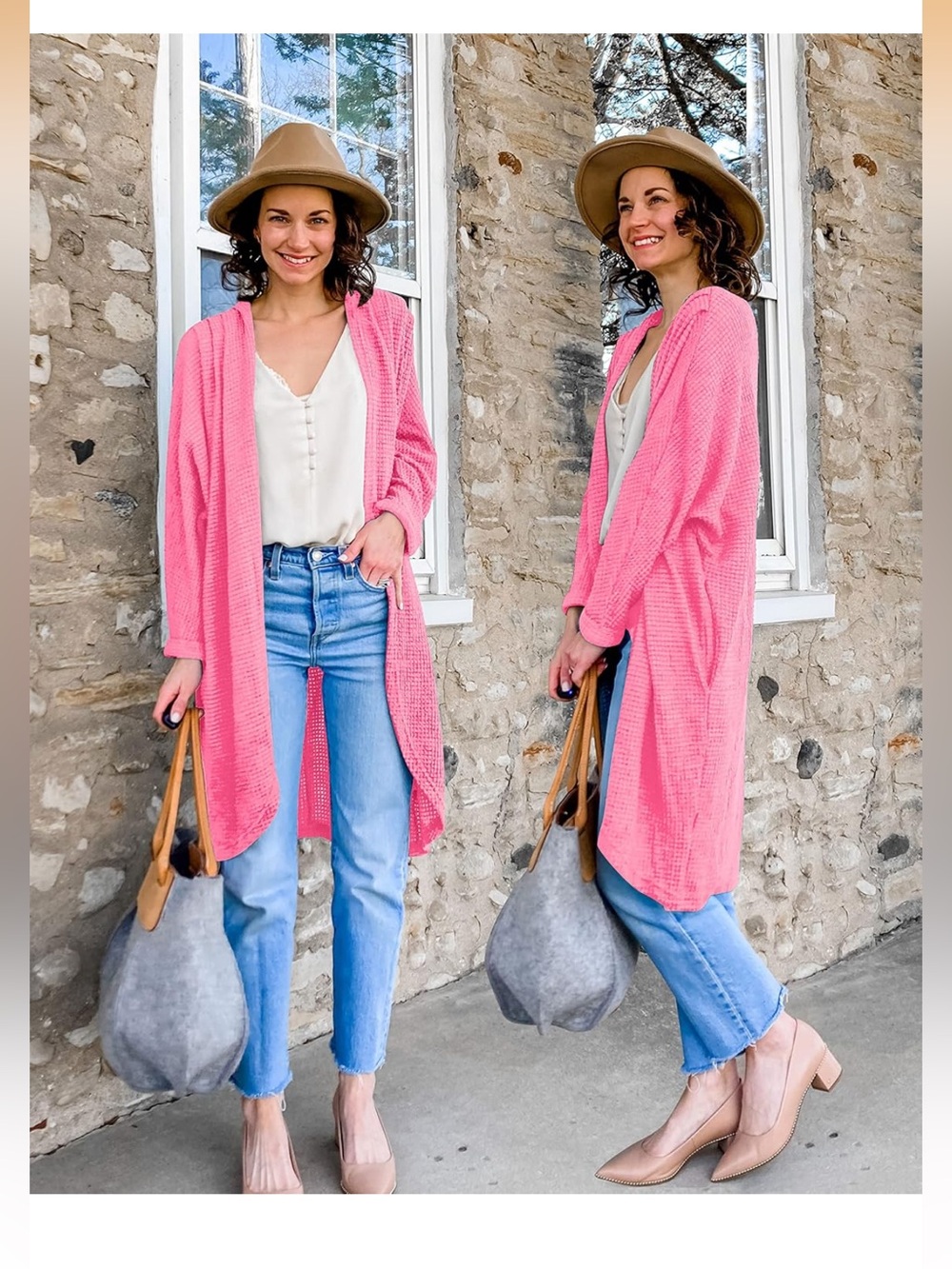 Hot Pink Waffle-Knit Open Cardigan Sweater Sz M - Picture 5 of 6